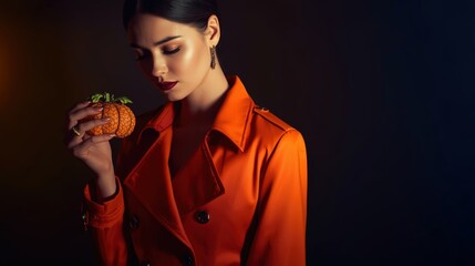Elegant woman in orange coat holding decorative pumpkin against dark background