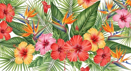 Vibrant tropical flowers and lush green foliage