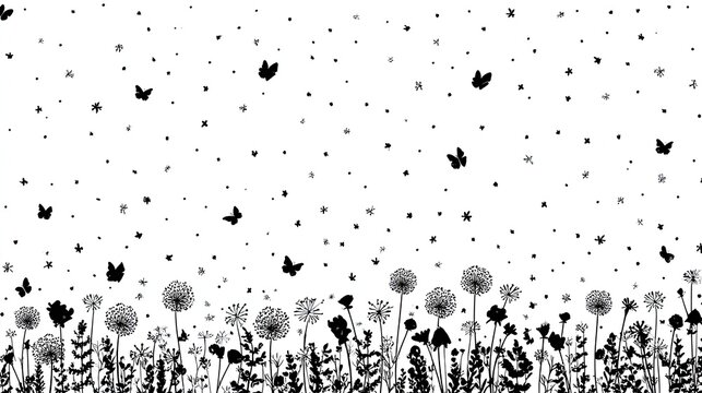Fototapeta Butterflies and dandelions dance in a whimsical meadow.