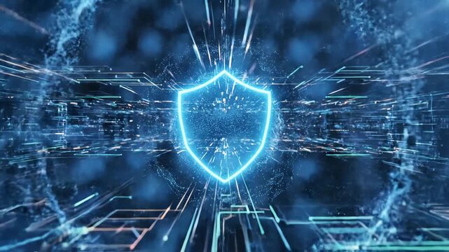 Glowing blue security shield with a prominent Keyhole Icon, representing digital protection against a backdrop of complex circuit patterns, rendered with cinematic lighting and conveying a secure,