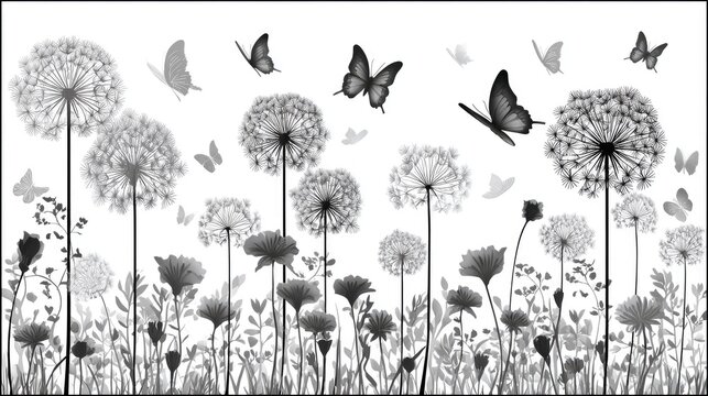 Fototapeta Black and white dandelions and flowers with flying butterflies.