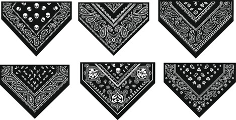 Obraz premium Bandana vector collection, black and white paisley scarf designs, skull and floral pattern illustrations, western vintage handkerchief style set