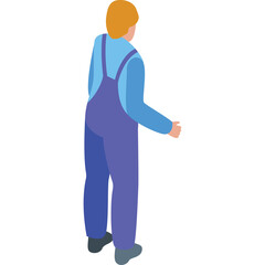 Male worker in blue overalls and light blue shirt seen from behind with right hand extended outdoors on a white background