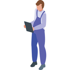 Male worker wearing blue overalls and light blue shirt holding a clipboard with a white background isometric view