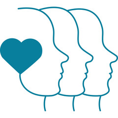 Line Art of Three Human Profiles with a Teal Heart Symbol on the Left Side Against a Transparent Background