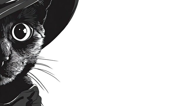 Black cat wearing a hat peeks from the side with expressive eyes.