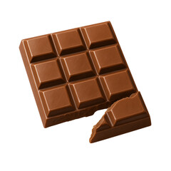 A close-up view of a chocolate bar, with a piece broken off. The chocolate bar is square and has distinct squares. It looks rich and delicious.
