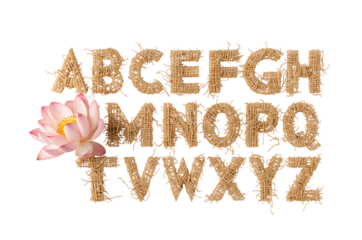Alphabet letters made of natural materials with a pink lotus flower