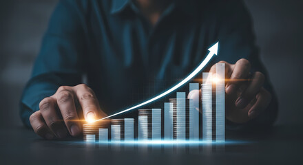 A person's hands supporting a growing financial graph, symbolizing business success, profit, and market growth with upward trends and positive results.