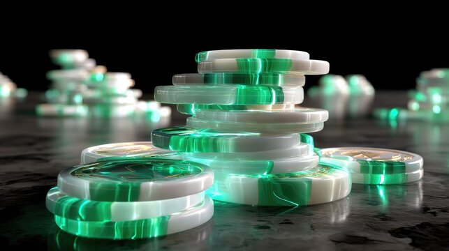 Glowing Casino Chips Stacked on Dark Surface with Radiant Green Light Effects and Reflections