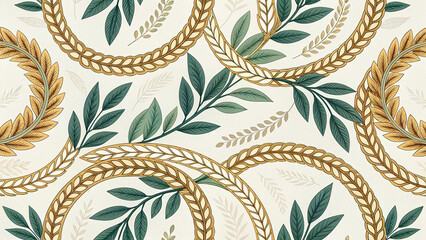 Fototapeta premium European Western Victorian Damask Seamless Pattern, ornate laurel wreath floral in gold and green on cream, elegant vintage wallpaper background, classic botanical textile repeat design