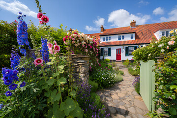 Vibrant backyard garden in full bloom with pink, red, and yellow flowers, green plants and turf creating serene outdoor space, spring and summer horticulture landscape design for home beauty and relax