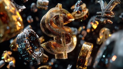 Abstract representation of digital currencies and financial symbols in a dynamic, futuristic environment with shimmering effects