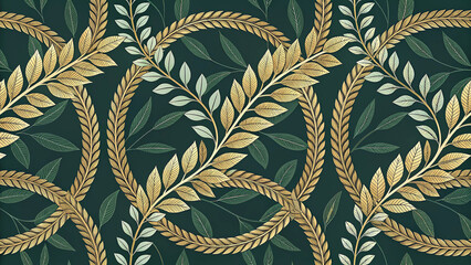 European and Western Victorian Damask Laurel Wreath Seamless Pattern in Gold on Emerald Green, ornate botanical baroque wallpaper for luxury home decor, textile, packaging, branding