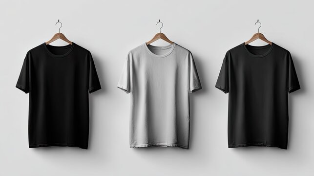 Three blank apparel items hang on wooden hangers against a white wall.