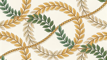 European and Western Victorian Damask seamless pattern with gold chain and laurel wreaths, sage green and ochre on cream, ornate botanical baroque wallpaper for luxury home decor, textile and packagin