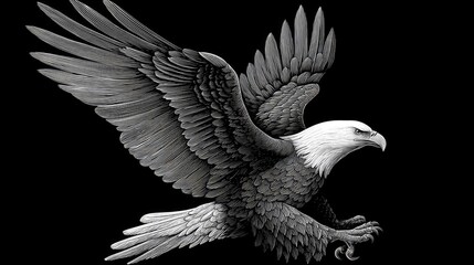 Obraz premium Majestic eagle with wings spread wide in flight against a dark background.