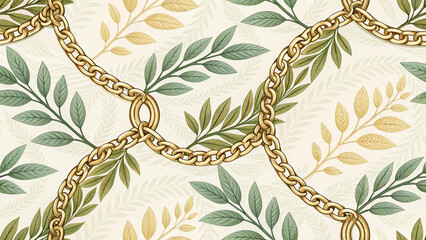 European and Western Victorian Damask Seamless Pattern with Gold Chains and Laurel Leaves, Sage Green on Cream, Ornate Botanical Baroque Wallpaper for Luxury Home Decor, Textile, Packaging, Branding