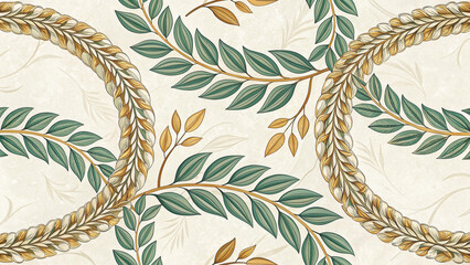 European and Western Victorian Damask Laurel Wreath Seamless Pattern, vintage botanical wallpaper in sage green and gold on cream for luxury home decor, textile, packaging, and branding