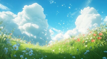 Lush meadow flowers under fluffy clouds, vibrant sky, possible use for nature posters