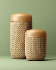 Bamboo container with natural woven texture, eco friendly design, sustainable storage solution, minimalist style, green background