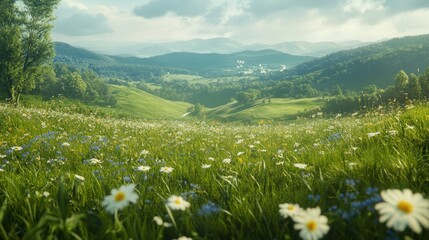 Lush meadow overlooks valley village landscape