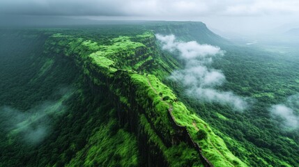 Lush mountain ridge path, misty clouds, aerial view