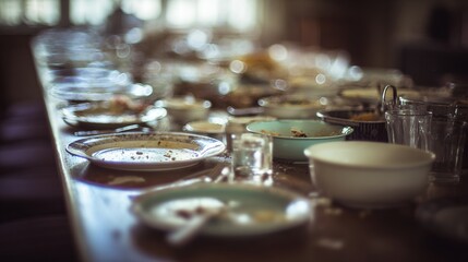 satiety. Banquet table covered with empty plates and leftover food, scattered utensils in muted light. menu design, packaging mockups, designed for food delivery and cloud-kitchen brand materials.