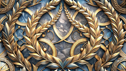 European and Western Victorian Damask Seamless Pattern with Laurel Wreaths in Metallic Gold on Blue Marble, Ornate Neoclassical Baroque Wallpaper for Luxury Home Decor, Textile, Packaging, and Brandin