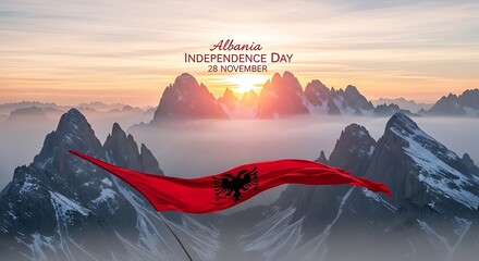 Albania Independence Day: Majestic Mountains and Flowing Flag at Sunset