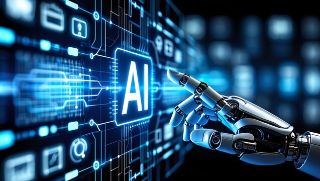 Robotic finger interacting with glowing artificial intelligence interface on a digital futuristic screen