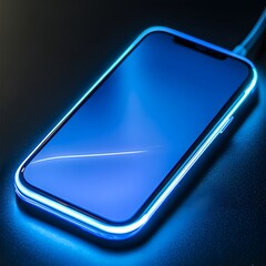 A top-down view of a smartphone on a wireless charger, subtle glow from the charging screen, cool white lighting enhancing the device's smooth surface 

