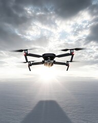 A matte black drone hovering against a cloudy sky, casting crisp shadows on the white ground, with the sun breaking through the clouds 
