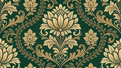 European & Western Victorian Damask seamless repeat pattern, ornate gold floral baroque on emerald green, vintage decorative wallpaper background for luxury home decor, textile fabric, packaging, bran