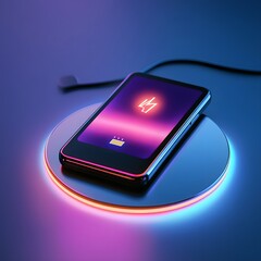 A modern smartphone placed on a wireless charging pad with a glowing battery status on the screen, clean background with soft purple and blue lighting 
