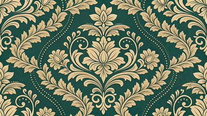 European and Western Victorian Damask Seamless Pattern, ornate gold floral baroque wallpaper on emerald green for luxury home decor, textile fabric, packaging and branding