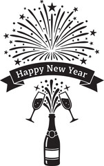 Happy New Year Celebration with Fireworks and Champagne Vector Illustration