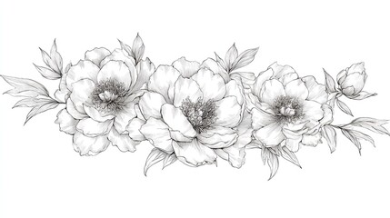 Detailed sketch of a bouquet of blooming peonies with leaves.