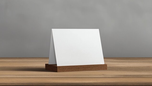 Blank menu frame label mockup in restaurant bar stand for booklet with acrylic white sheet paper tent card on wooden table. White isolated background
