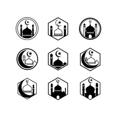Collection of Islamic mosque logos featuring crescent moons and stars within geometric shapes.