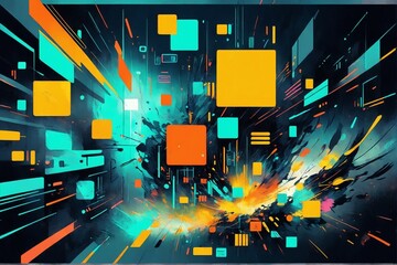 Creative abstract design with messy and rough edges. Blue and orange coloring. Futuristic anti utopic background