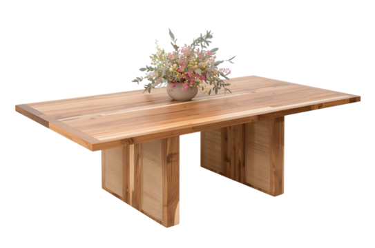 Rustic live edge dining table with floral centerpiece on black background