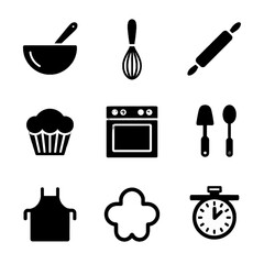 Fototapeta premium Set of black silhouette icons representing baking and cooking tools including mixing bowl, whisk, rolling pin, cupcake, oven, utensils, apron, cookie cutter, and timer.
