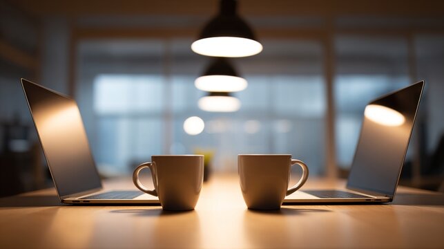 systematizing. A shared minimalist workstation with two laptops and matching coffee cups under soft lighting. lifestyle magazines.