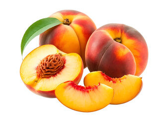Ripe peaches with one cut in half showing pit and slices fruit juicy