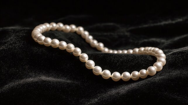 luster. A single strand of pearls arranged in curves on black velvet with soft lighting. lifestyle magazines, social media lookbooks, designed for lifestyle magazines and social media content.