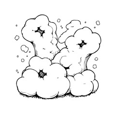 Graphic visualization of an explosion effect, comic book style smoke clouds with scattered debris
