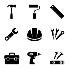 Obraz premium Collection of construction and repair tools including hammer, roller, ruler, wrench, helmet, screwdrivers, toolbox, drill, and screws