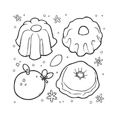 Hand drawn cakes and fruit surrounded by snowflakes, a whimsical coloring page for dessert