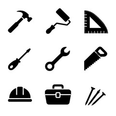 Fototapeta premium Collection of construction and repair tools including hammer, screwdriver, wrench, saw, paint roller, ruler, hard hat, toolbox, and nails